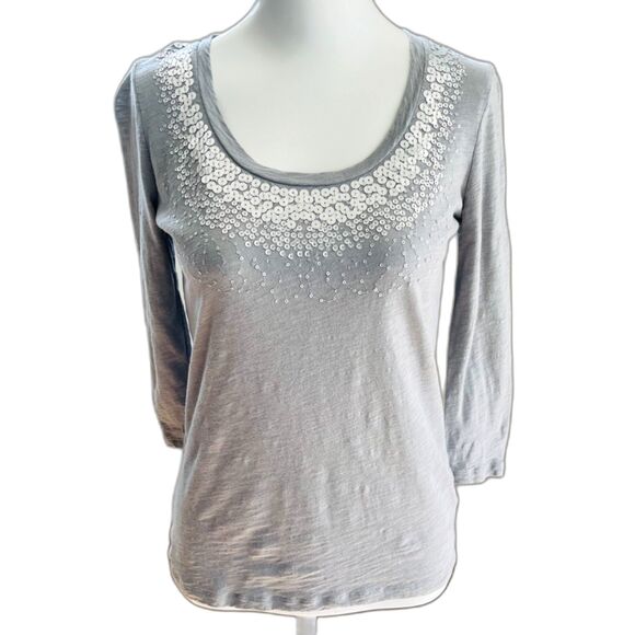 Talbots Tops - Talbots Gray Cotton Silver Sequins 3/4 Sleeve Top